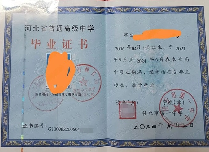 六安任丘市第一中学高中毕业证样本图片